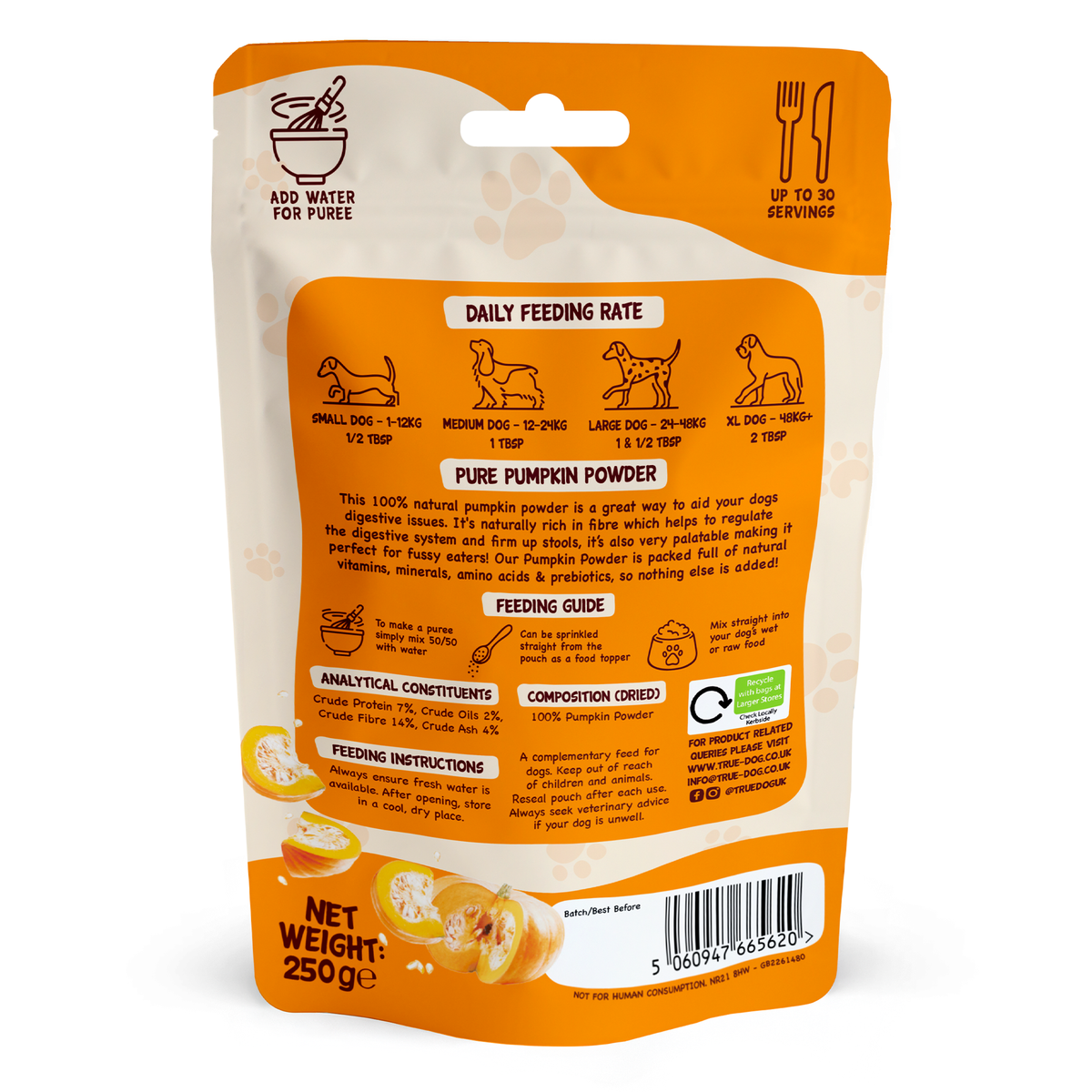 True Dog Pumpkin Powder, in retail pouch, rear view showing composition and feeding guides.