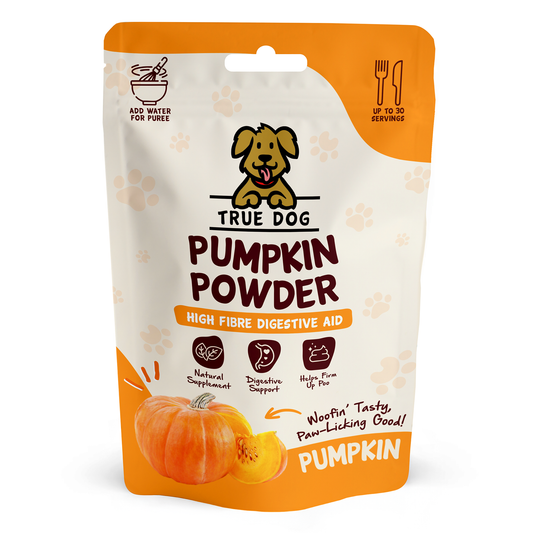 True Dog Pumpkin Powder high fibre digestive aid for dogs, in retail pouch, front view.