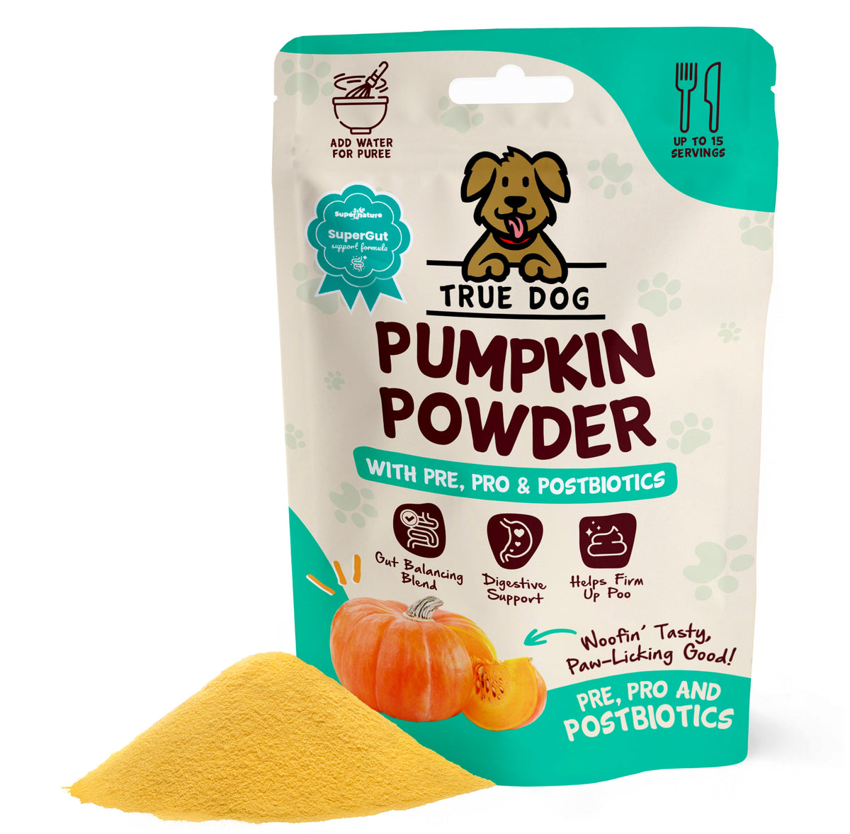 True Dog Pumpkin Powder with Pre, Pro & Postbiotics, digestive support supplement for dogs, in retail packaging, front view.