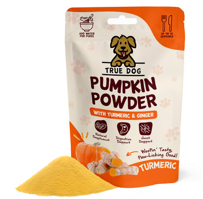 True Dog Pumpkin Powder with Turmeric & Ginger, joint & digestion support for dogs, in retail pouch with pile of pumpkin powder.
