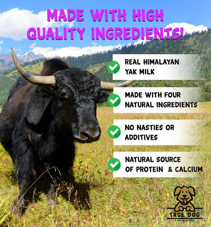 True Dog infographic: made with Himalayan yak milk, four natural ingredients, calcium, and protein with no artificial nasties.