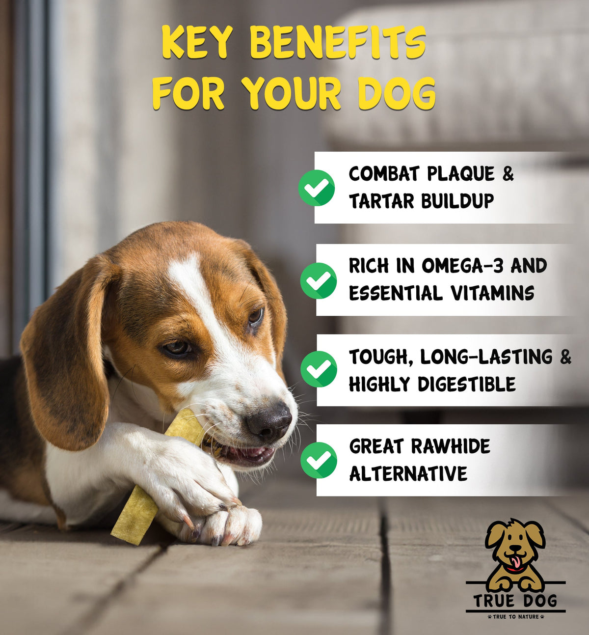 True Dog graphic highlighting key benefits: reduce plaque and tartar, rich in omega-3, tough and long lasting, and rawhide alternative.