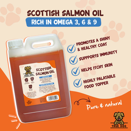 True Dog Graphic, Scottish Salmon Oil, highlighting immunity support, shiny and healthy coat, itchy skin help, and high palatability.