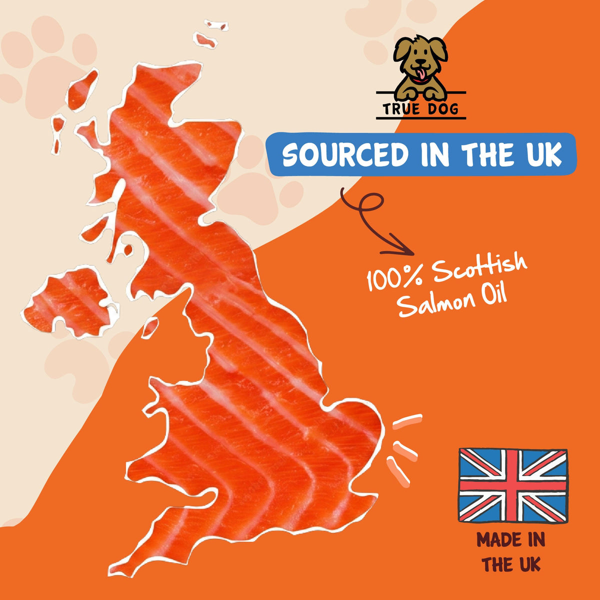 True Dog Scottish Salmon Oil Graphic: Sourced in the UK, 100% Scottish Salmon Oil.