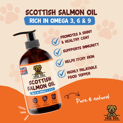 True Dog Scottish Salmon Oil Graphic, highlighting immune support, shiny and healthy coat, itchy skin support, and high palatability.