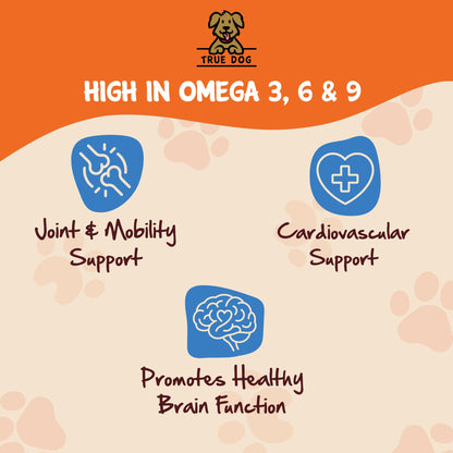 True Dog Salmon Oil Graphic: High in Omega 3, 6 & 9, Joint and Mobility Support, Cardiovascular Support, and Promotes Healthy Brain Function.
