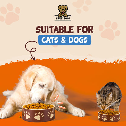 True Dog Salmon Oil Graphic: Suitable for Cats and Dogs, with a golden retriever, and tabby cat eating bowls of dry food.