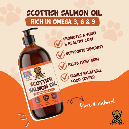 True Dog Scottish Salmon Oil Graphic, highlighting immunity support, shiny and healthy coat, itchy skin support, and high palatability.