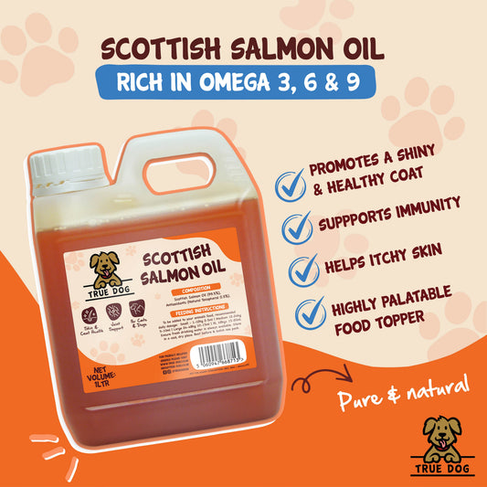 True Dog Scottish Salmon Oil Graphic, highlighting immunity support, shiny and healthy coat, itchy skin help, and high palatability.