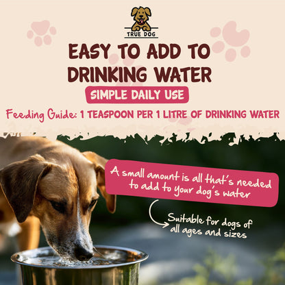True Dog Apple Cider Vinegar graphic: Easy to add to drinking water, simple daily use. 1 teaspoon per 1 litre of drinking water.