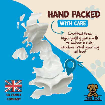True Dog Goats Milk Powder Graphic: Hand packed with care, crafted from high quality goats milk to deliver a rich, delicious treat your dog will love!