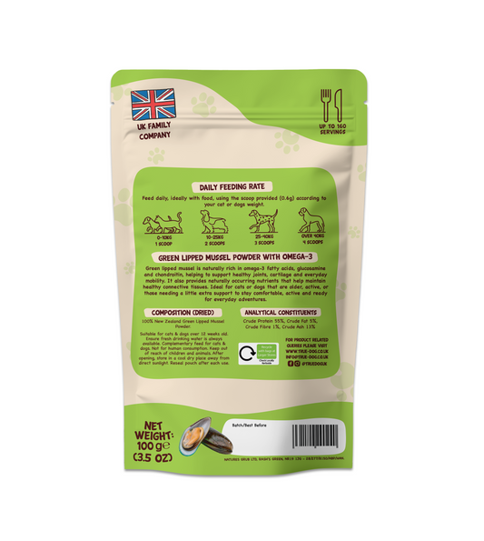 True Dog Green Lipped Mussel Powder, Joint & Mobility Support for Dogs & Cats, in retail pouch, rear view showing composition and dosing information.