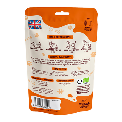 True Dog Chicken Bone Broth in 250g retail pouch, showing feeding rates, ingredients, and nutritional information.