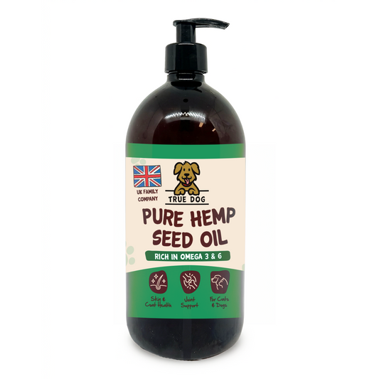 True Dog Pure Hemp Seed Oil, a daily skin, coat, and joint health support food topper for dogs and cats, in a 1L amber pump bottle, front view.