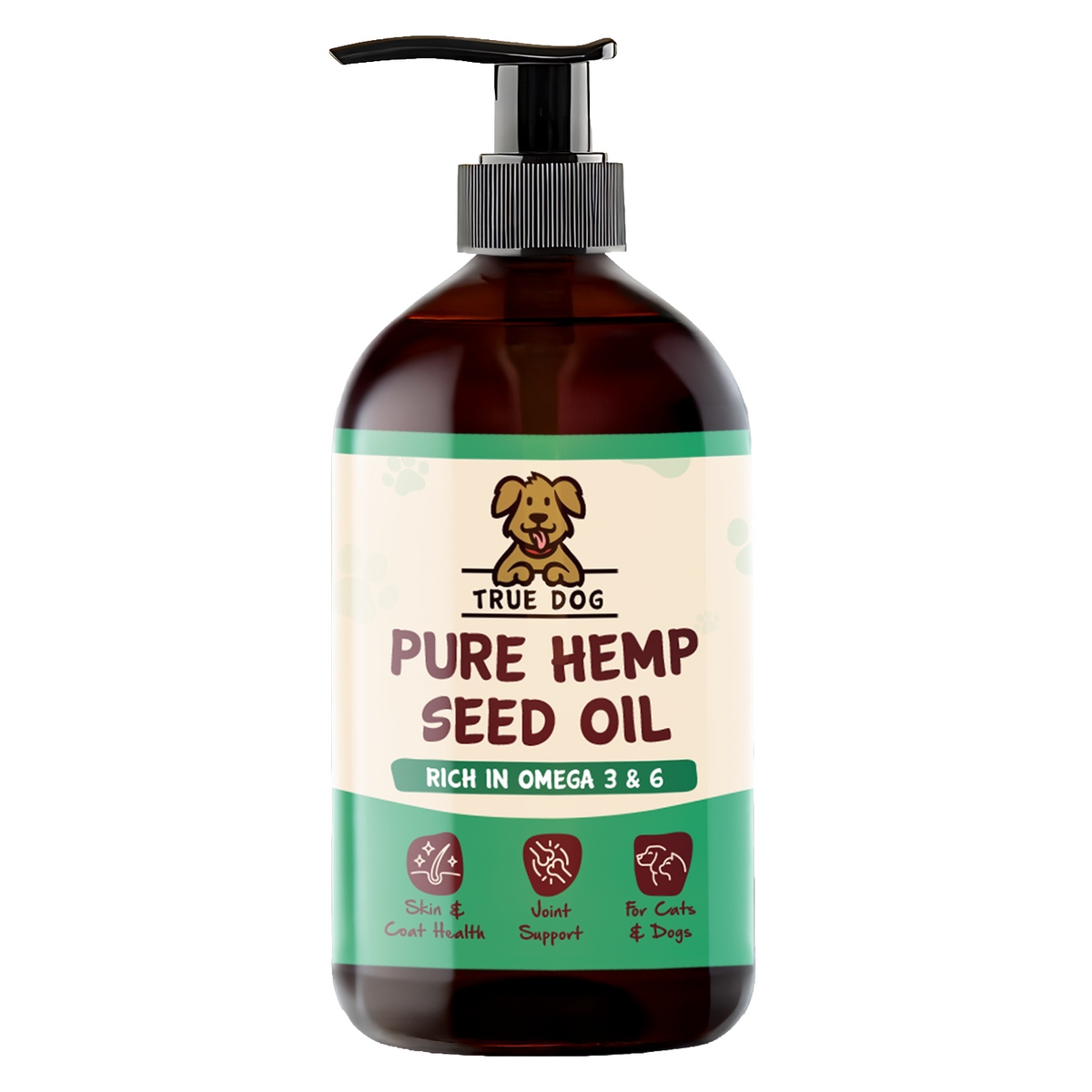 True Dog Pure Hemp Seed Oil, a skin, coat, and joint support supplement for dogs and cats, in amber pump bottle, front view.