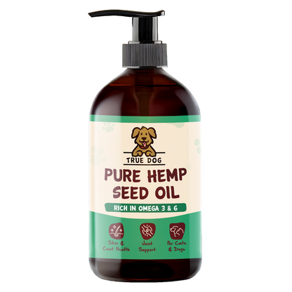 True Dog Pure Hemp Seed Oil, a skin, coat, and joint support supplement for dogs and cats, in amber pump bottle, front view.