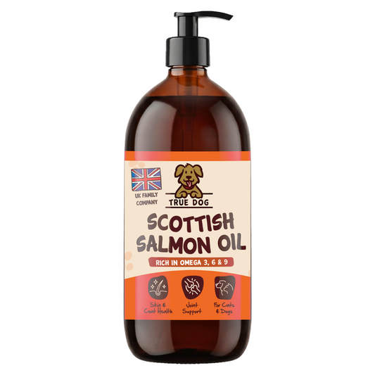 True Dog Scottish Salmon Oil, daily skin, coat and joint health support food topper for dogs and cats, in a 1L amber bottle, front view.