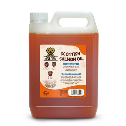 True Dog Scottish Salmon Oil for cats & dogs, rich in omega 3, 6 & 9, supports joints & skin & coat. In a 5 litre jerry can.
