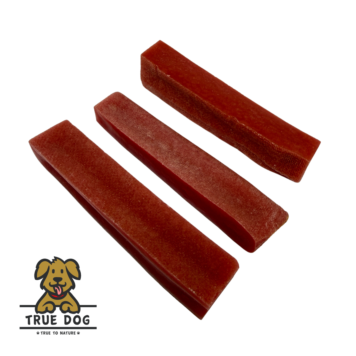 Three True Dog Yak Chews, Watermelon Flavour in a row. Yalk Milk dental chew bars for dogs.