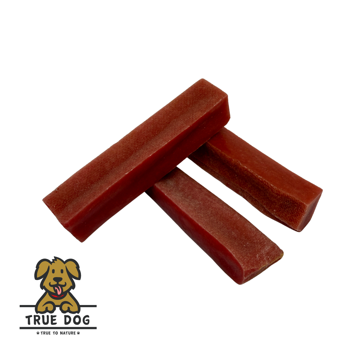 Three True Dog Yak Chews, Watermelon Flavour stacked in a pile. Treats for dog dental care and enrichment.